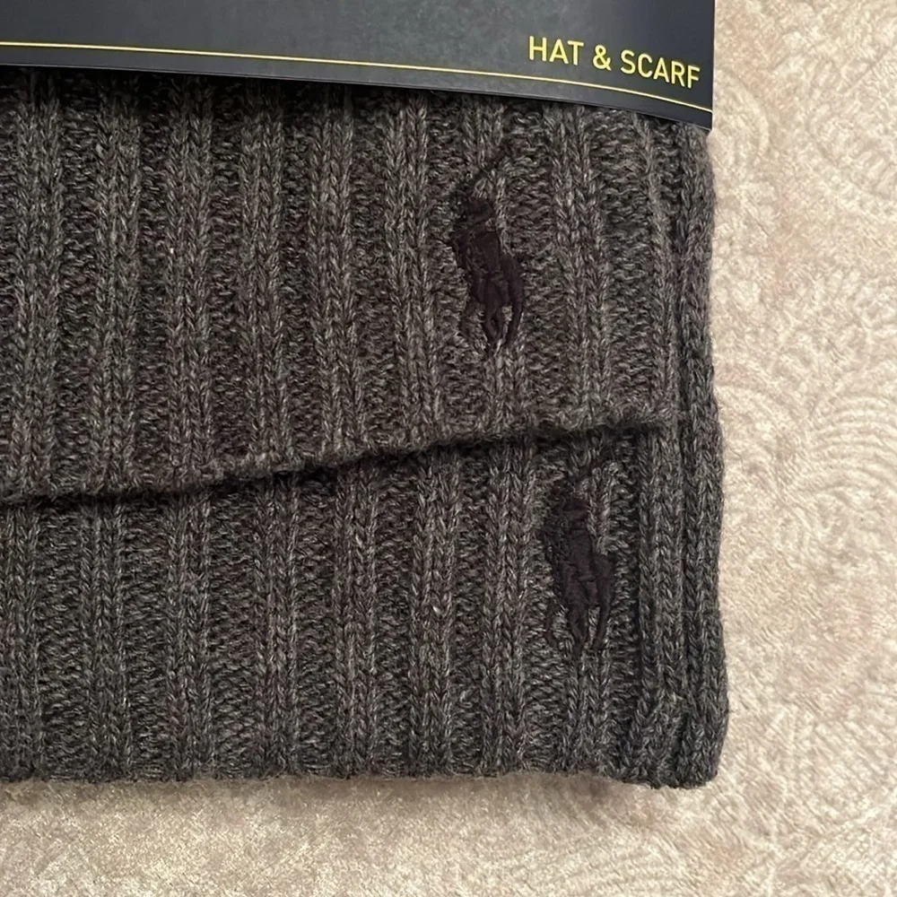 Brand New Polo Ralph Lauren 2-Piece Knit Beanie Hat & Scarf Set Gray Wool Pony